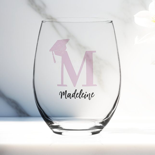 Pink Graduation Cap Monogram Minimalist Chic Gift Stemless Wine Glass (graduation gift monogram grad cap calligraphy pink black personalized name stemless wine glass)