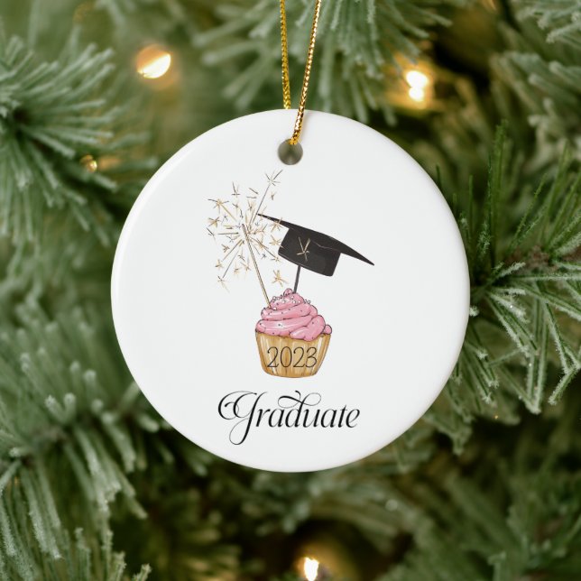 Pink Graduation Cupcake Graduate Ceramic Tree Decoration (Tree)