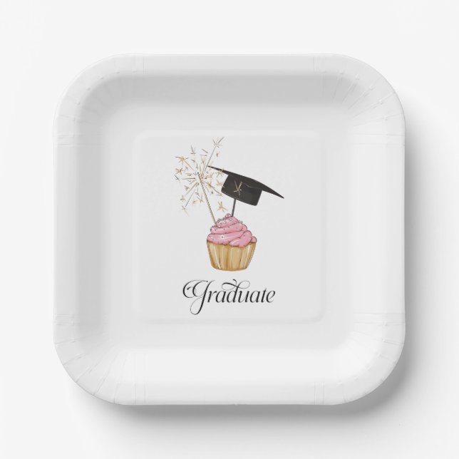 Pink Graduation Cupcake Graduate Paper Plate (Front)