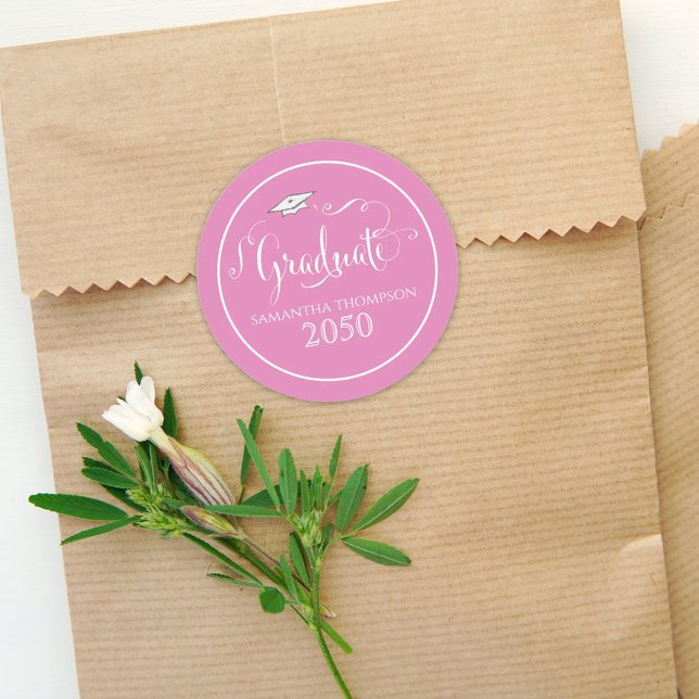 Pink Graduation Custom Party Favor Classic Round Sticker (Creator Uploaded)