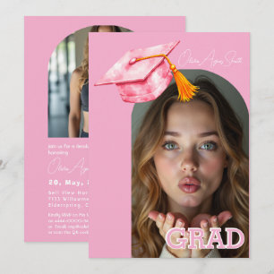 Pink Graduation Hat Accent Dual‑Photo QR Code Invitation