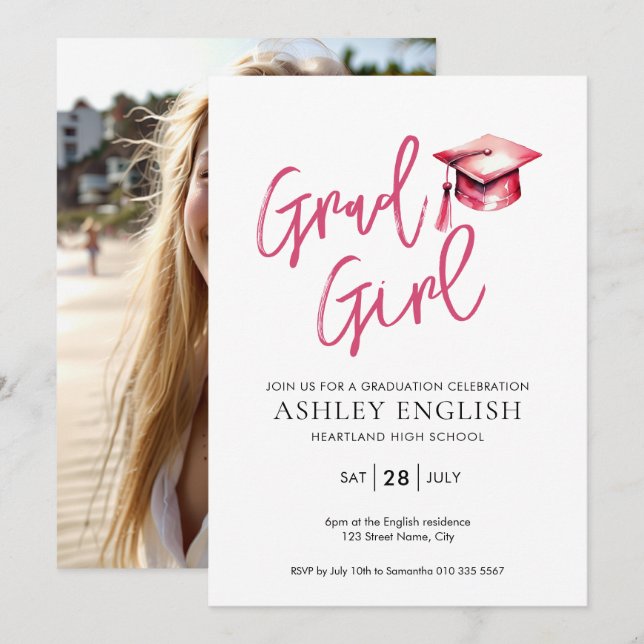 Pink Graduation Invitation - Grad Girl (Front/Back)