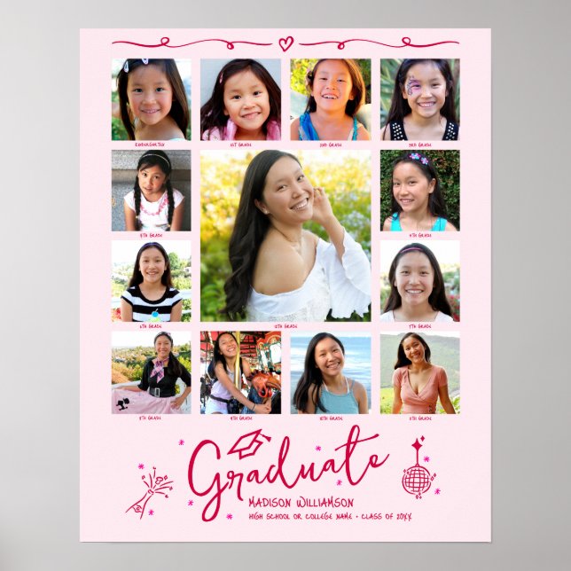 Pink Graduation K–12 Photo Collage Red Doodles Fun Poster (Front)
