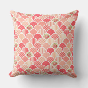Pink grandmillenial floral scalloped waves cushion