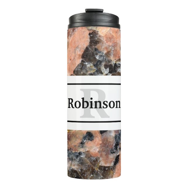 Pink Granite Rock Texture with Name and Monogram Thermal Tumbler (Front)