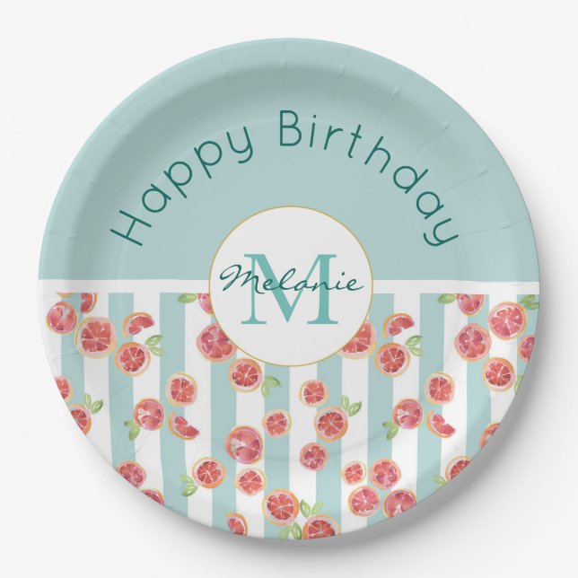 Pink Grapefruit Pattern on Green Stripes Birthday Paper Plate (Front)
