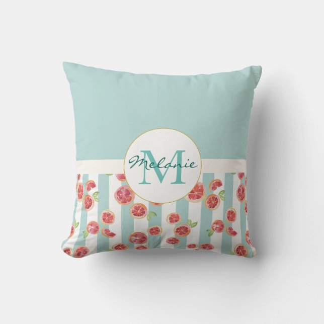 Pink Grapefruit Pattern on Green Stripes Monogram Cushion (Front)