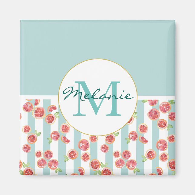Pink Grapefruit Pattern on Green Stripes Monogram Magnet (Front)