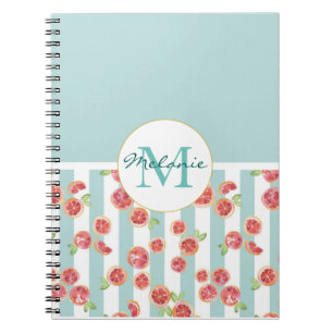 Pink Grapefruit Pattern on Green Stripes Spiral Notebook