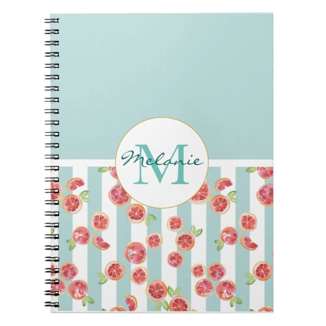 Pink Grapefruit Pattern on Green Stripes Spiral Notebook (Front)