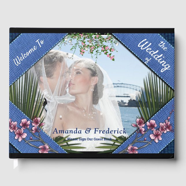 Pink Graphic Flowers on Blue-fabric texture Guest Book (Front)