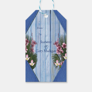 Pink Graphic Flowers on Blue-wood-fabric Texture Gift Tags