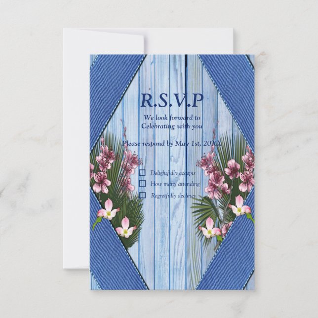 Pink Graphic Flowers on Blue-wood-fabric Texture RSVP Card (Front)