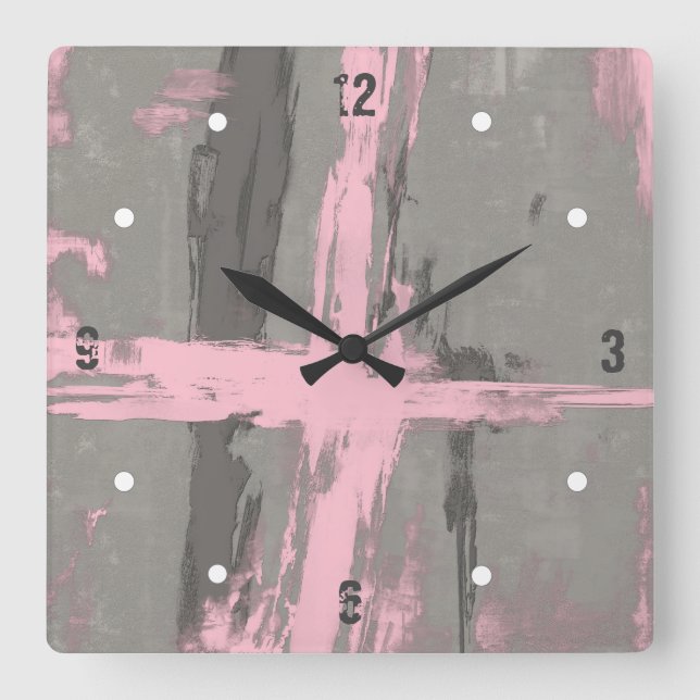 Pink Gray abstract Square Wall Clock (Front)