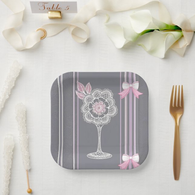 Pink & Gray AI art  Paper Plate (Wedding)