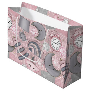 PINK & GRAY BABY GIRL TOYS MOONS STARS LARGE GIFT BAG