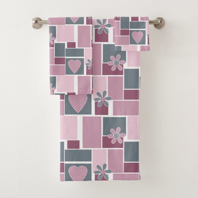 Pink gray brown patchwork of square patches  bath towel set (Insitu)