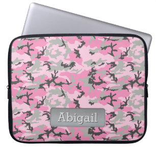 Pink Gray Camo Pattern Personalized Name Laptop Sleeve