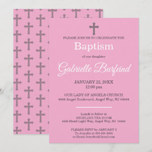 Pink & Gray Cross Watercolor Baptism Invitation