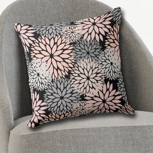 Pink Gray Dahlia Flower Pattern on Black Cushion