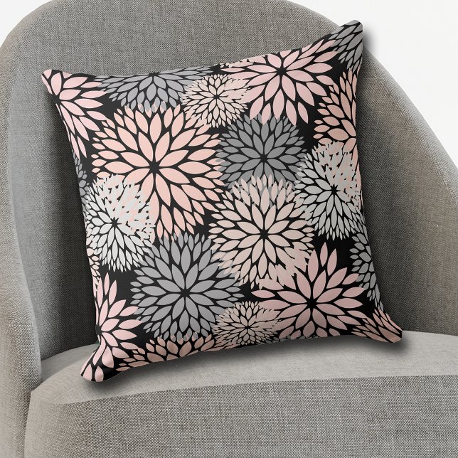 Pink Gray Dahlia Flower Pattern on Black Cushion (Creator Uploaded)