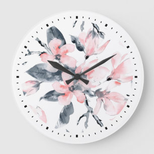 Pink & Gray Floral Watercolor Pattern Large Clock