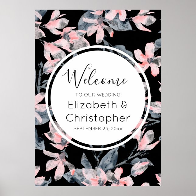 Pink & Gray Floral Watercolor Pattern Wedding Poster (Front)