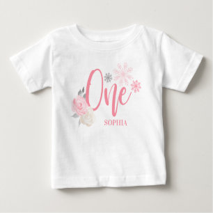 Pink Gray Floral Winter ONEderland 1st Birthday Baby T-Shirt