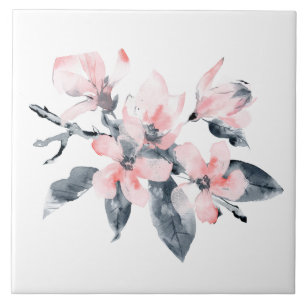 Pink & Gray Flowers Classy Watercolor Tile