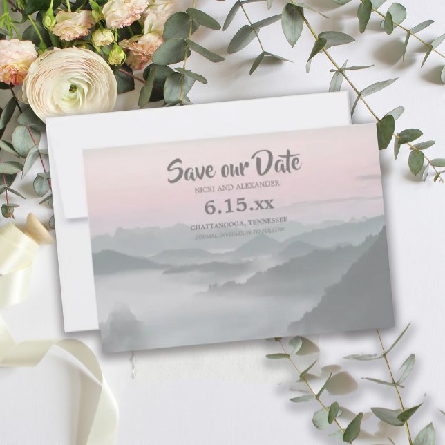 Pink Gray Foggy Mountains Save Our Date Wedding Save The Date (Creator Uploaded)
