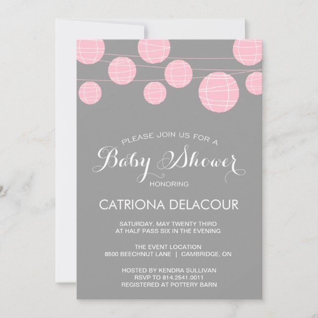 PINK & GRAY PAPER LANTERNS BABY SHOWER INVITATION (Front)