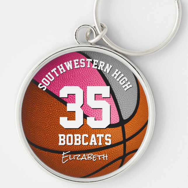 pink gray sports team name girls basketball key ring (Front)