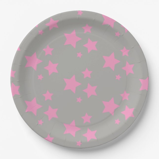 Pink Gray Stars Kids Baby Circus Party Paper Plate (Front)
