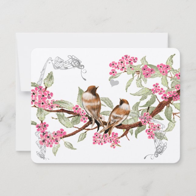 Pink & Gray Vintage Love Birds Wedding RSVP (Front)