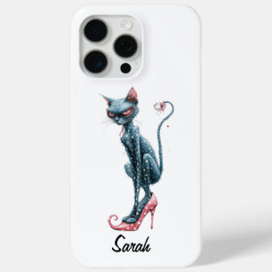 Pink Gray Whimsical Cat iPhone 15 Pro Max Case