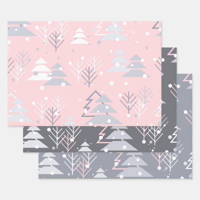 PINK GRAY WHITE HOLIDAY CHRISTMAS TREES WRAPPING PAPER SHEET (Set)