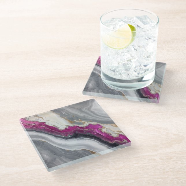 Pink, Gray White Stone Marble Printed  Glass Coaster (Angled)