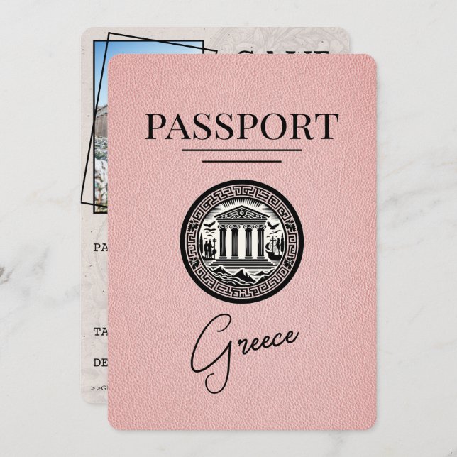 Pink Greece Passport Save the Date Card (Front/Back)