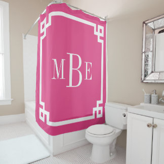 Pink Greek Key Border Monogram Shower Curtain