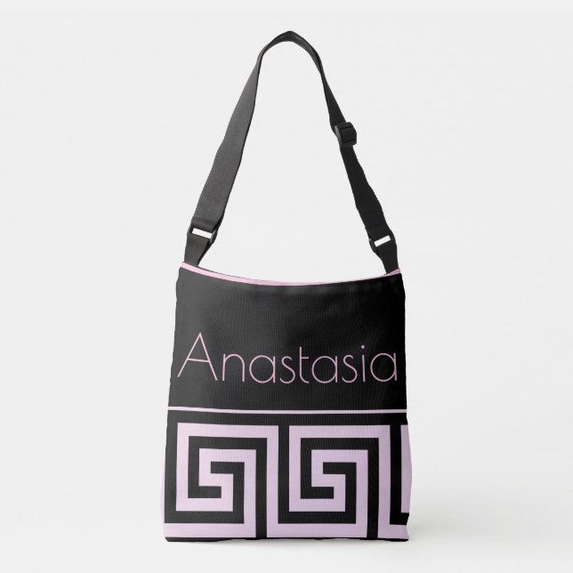 Pink Greek Key Pattern on Black Women's Crossbody Bag (Front)