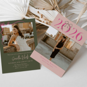 Pink Green 2026 Coquette Bow Photo Graduation Invitation