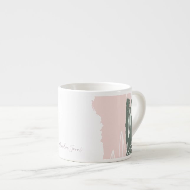 Pink & Green Abstract Brush Strokes Monogram Name Espresso Cup (Front Right)