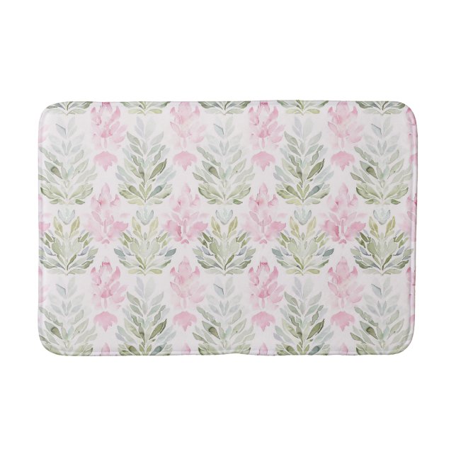 Pink Green Abstract Floral Bath Mat (Front)