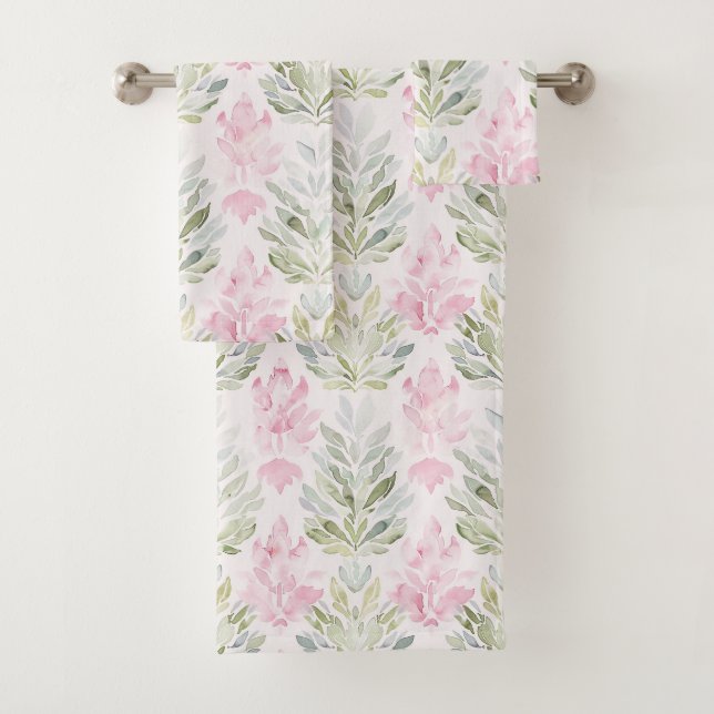 Pink Green Abstract Floral Bath Towel Set (Insitu)