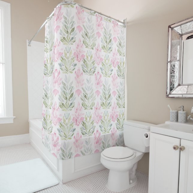 Pink Green Abstract Floral Shower Curtain (In Situ)