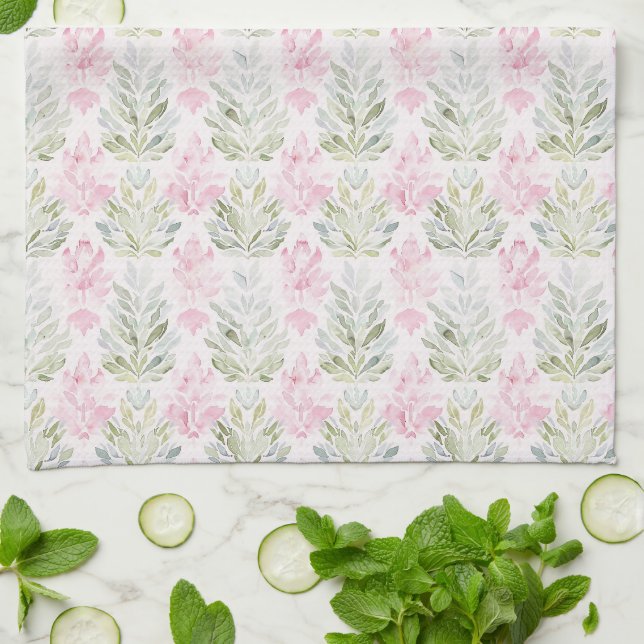 Pink Green Abstract Floral Tea Towel (Folded)