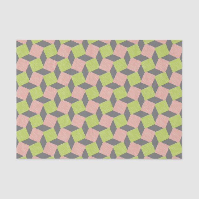 Pink Green Abstract Geometric Ikat Square Pattern Tissue Paper (Front)