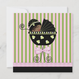 Pink Green African American Baby Girl Shower Invitation