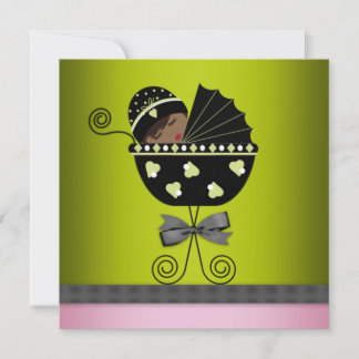 Pink Green African American Baby Girl Shower Invitation