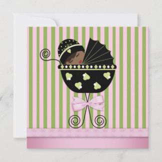 Pink Green African American Baby Girl Shower Invitation
